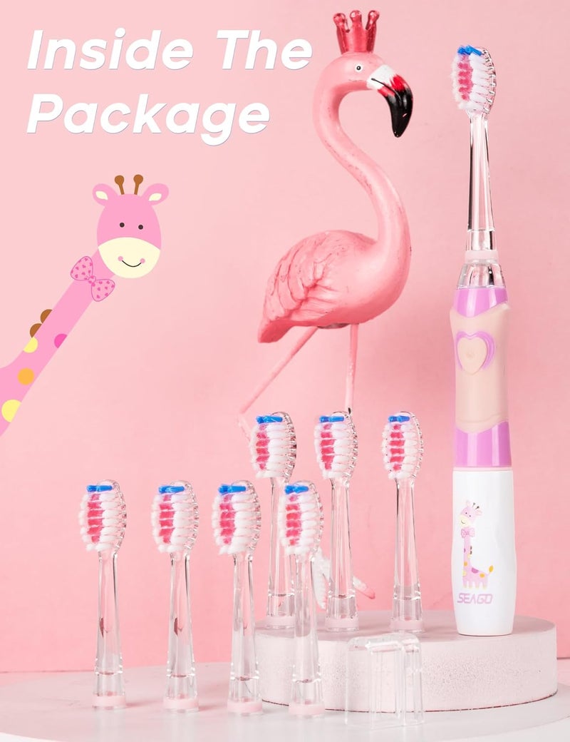 Seago Kids Electric Toothbrush with 2 Mins Brushing Timer and 8 Replacement Bursh Heads,Rainbow LED Light Make Brushing Fun, Pink Color Girls Battery Powerd Toothbrush for 4-12 Years Old - Image 5